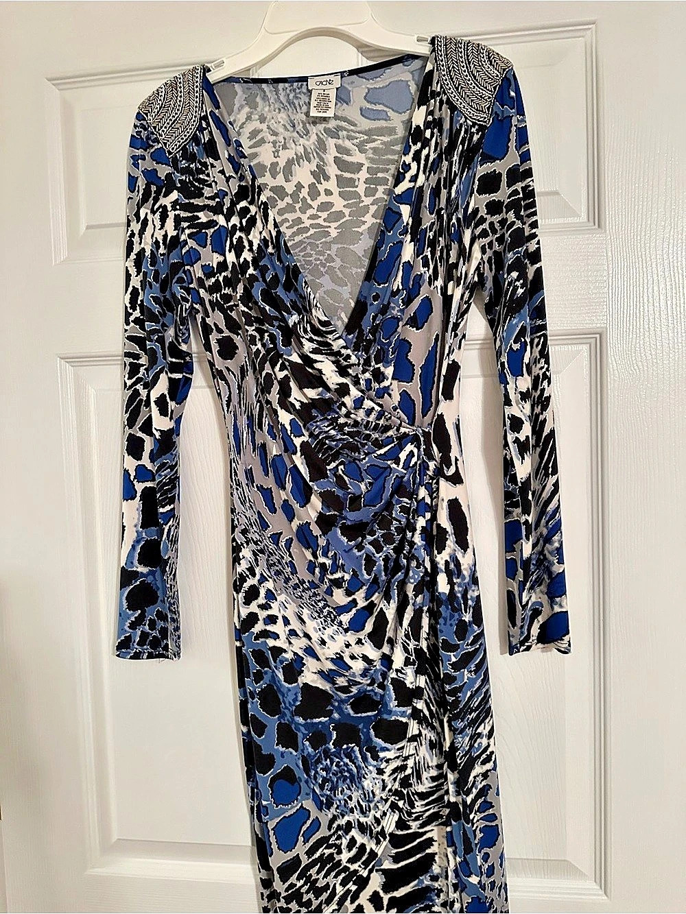 Vintage Caché Blue Leopard Print Faux Wrap Dress - Beaded Shoulders - Size S